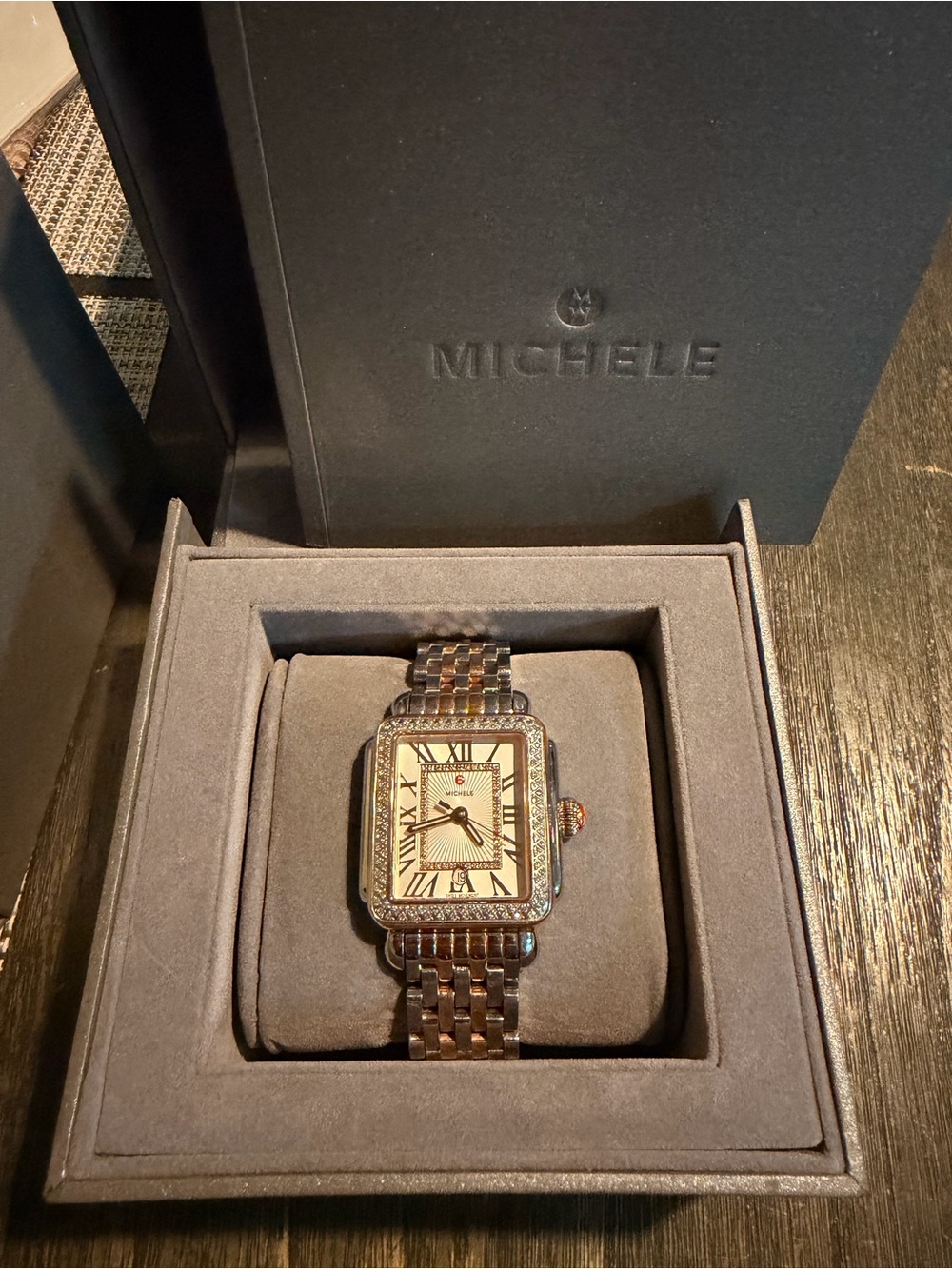 Michele Two-Tone Bracelet Diamond-Accented Square Watch